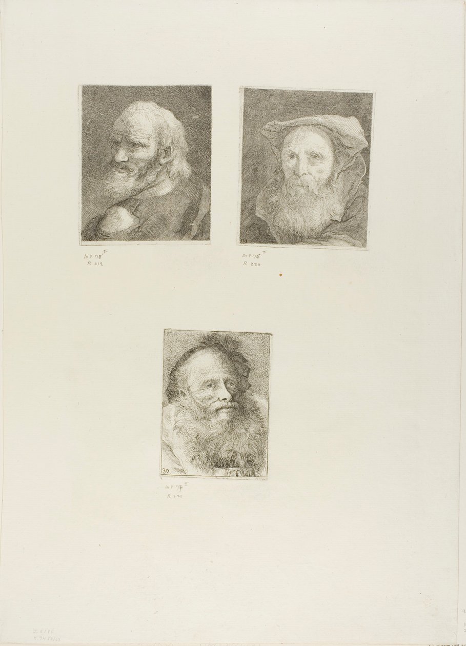Vanha mies, jolla on parta, parrakas vanha mies, jolla on hattu, vanha mies, jolla on koristeellinen lippalakki tekijältä Giovanni Domenico Tiepolo