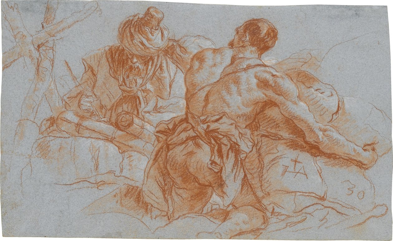 Orientalische Handelsleute mit Warenballen; verso: Skizze zu einem angewinkelten linken Arm tekijältä Giovanni Domenico Tiepolo