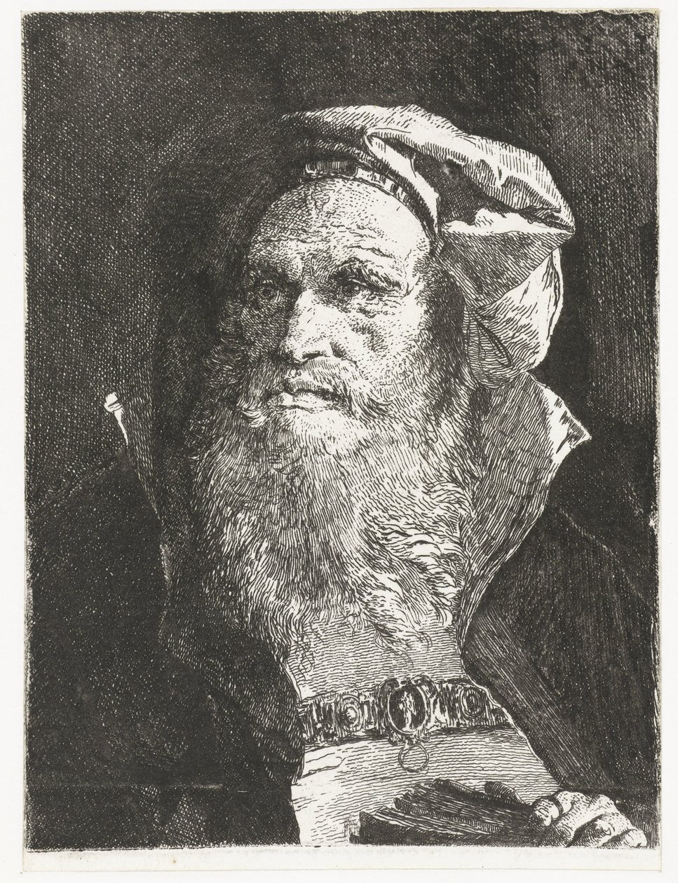 Vanha mies, jolla on parta ja kirja Pääkokoelma (sarjan nimi) Raccolta di Teste (sarjan nimi) tekijältä Giovanni Domenico Tiepolo