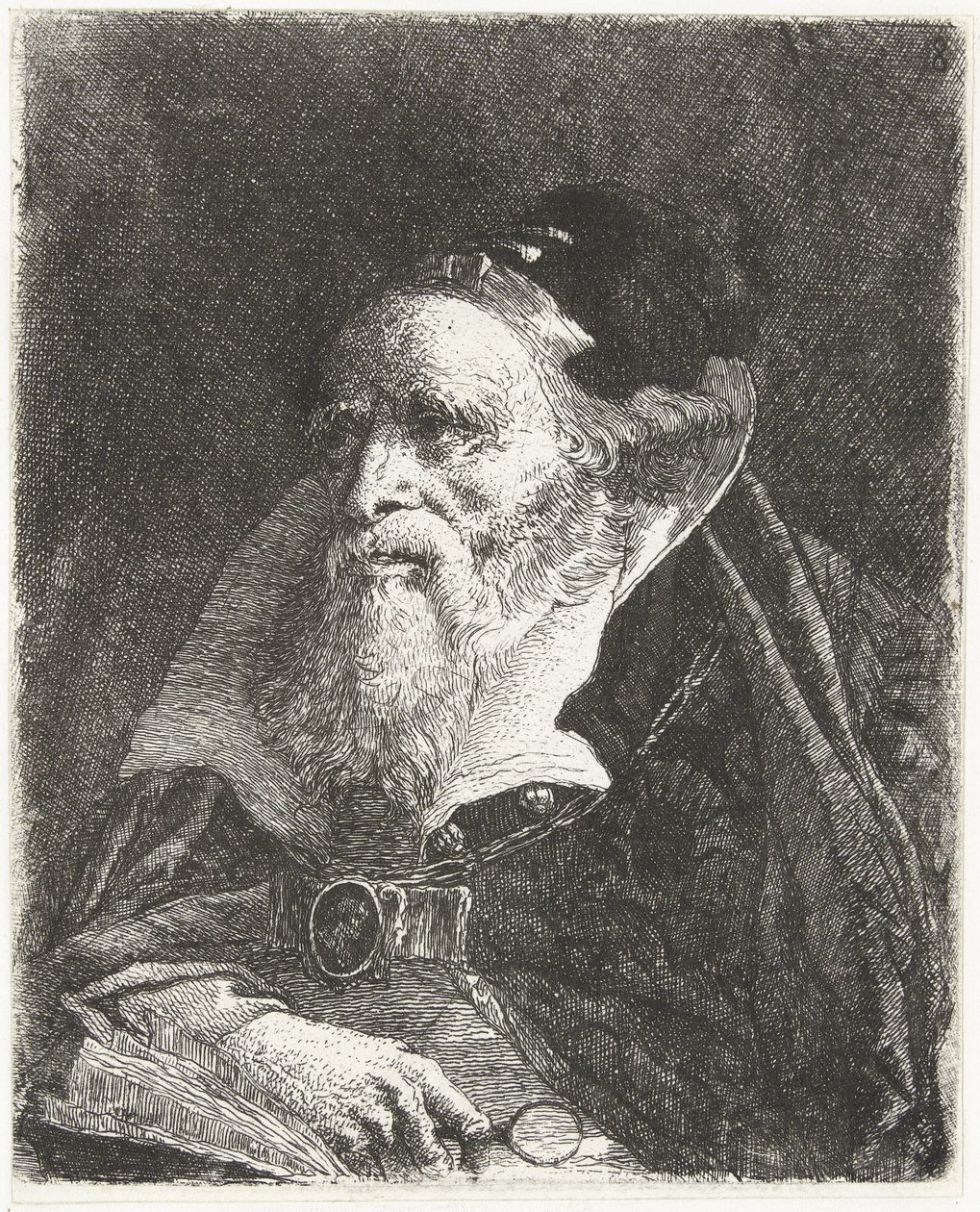 Vanha mies kirjan ja suurennuslasin kanssa Pääkokoelma (sarjan nimi) Raccolta di Teste (sarjan nimi) tekijältä Giovanni Domenico Tiepolo