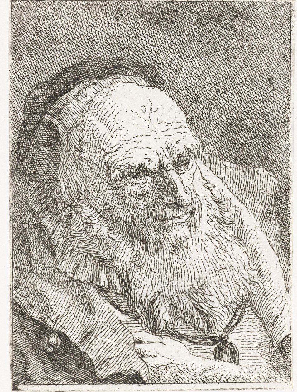 Vanha mies, jonka käsi on työntynyt takin alle tekijältä Giovanni Domenico Tiepolo