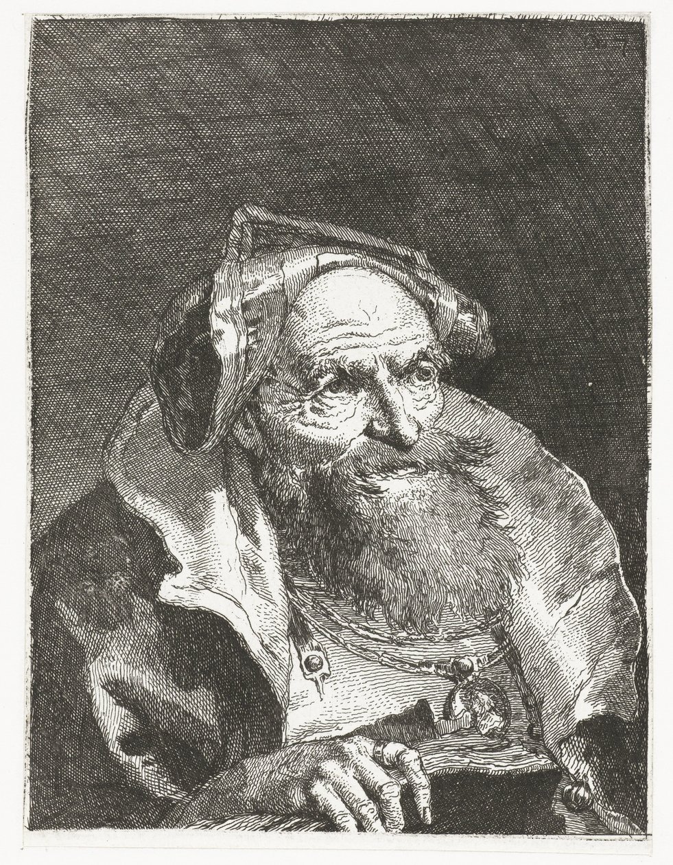 Vanha mies ketjun ja kirjan kanssa Pääkokoelma (sarjan nimi) Raccolta di Teste (sarjan nimi) tekijältä Giovanni Domenico Tiepolo