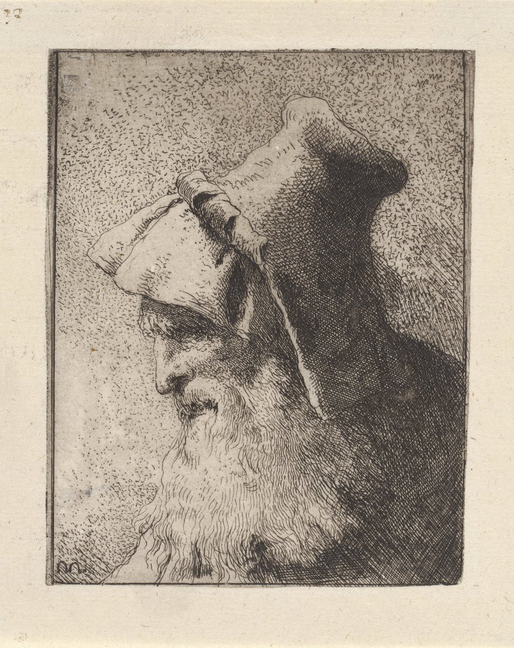 Profiili parrakkaasta iäkkäästä miehestä, teoksesta *Raccolta di Teste* (Pääkuvien kokoelma) tekijältä Giovanni Domenico Tiepolo