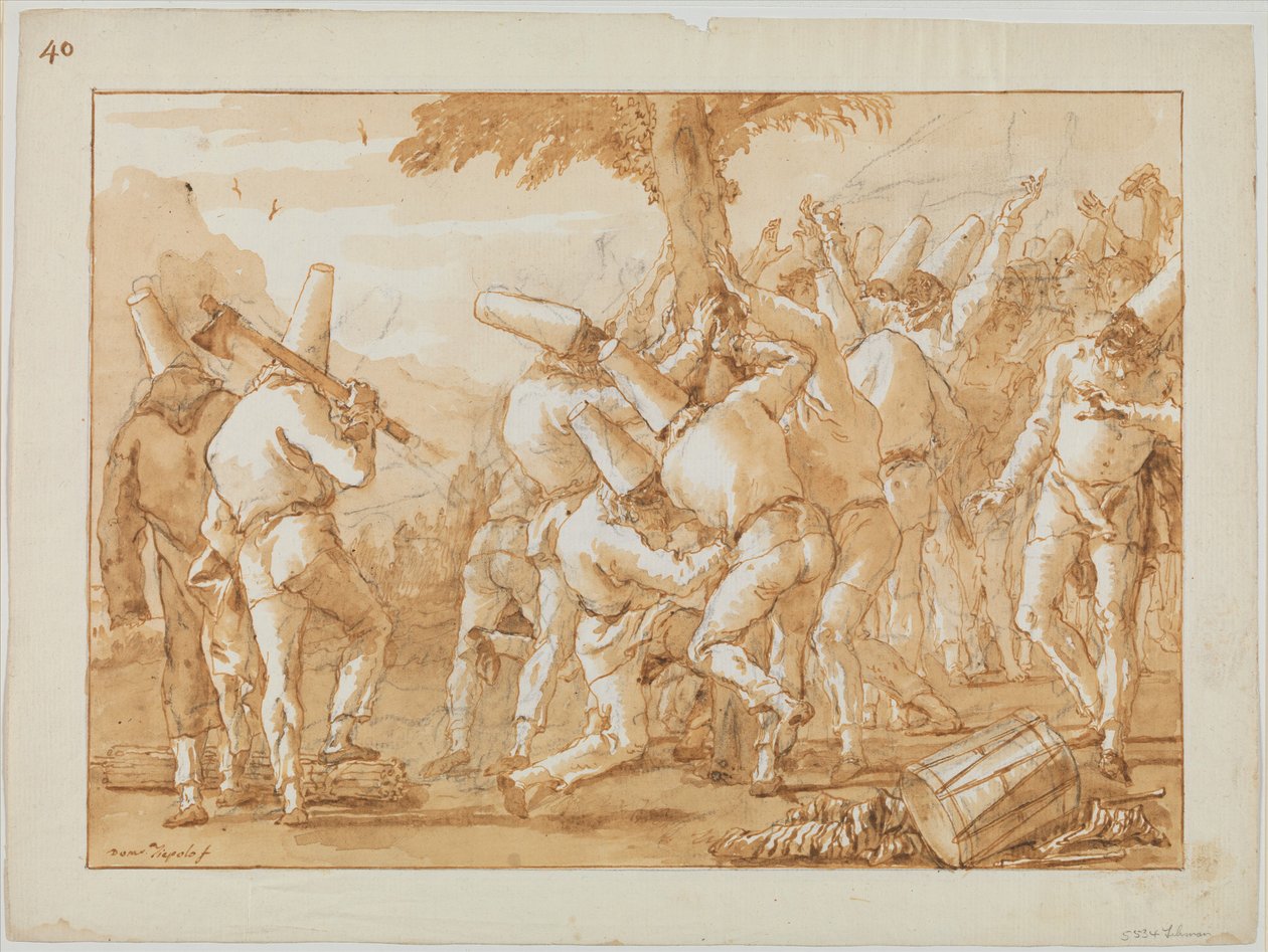 Punchinellos fällen (oder pflanzen) einen Baum tekijältä Giovanni Domenico Tiepolo