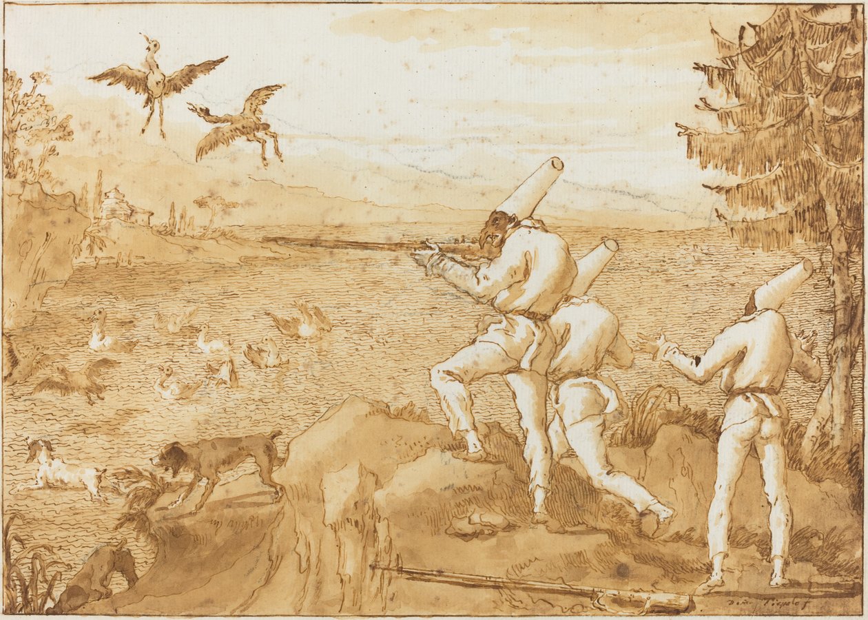 Punchinellos metsästävä vesilintu tekijältä Giovanni Domenico Tiepolo