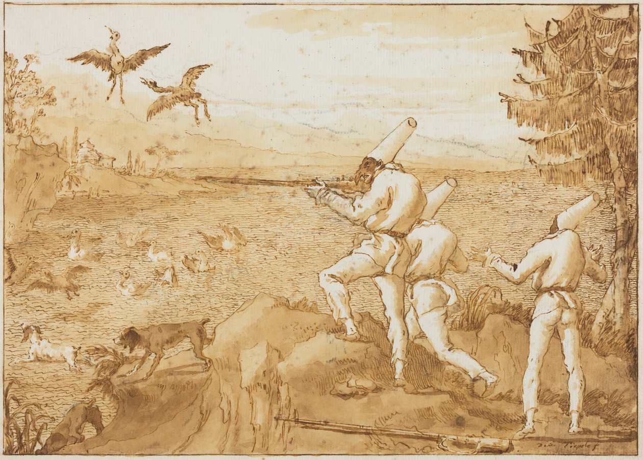 Pulcinellot metsästämässä vesilintuja tekijältä Giovanni Domenico Tiepolo
