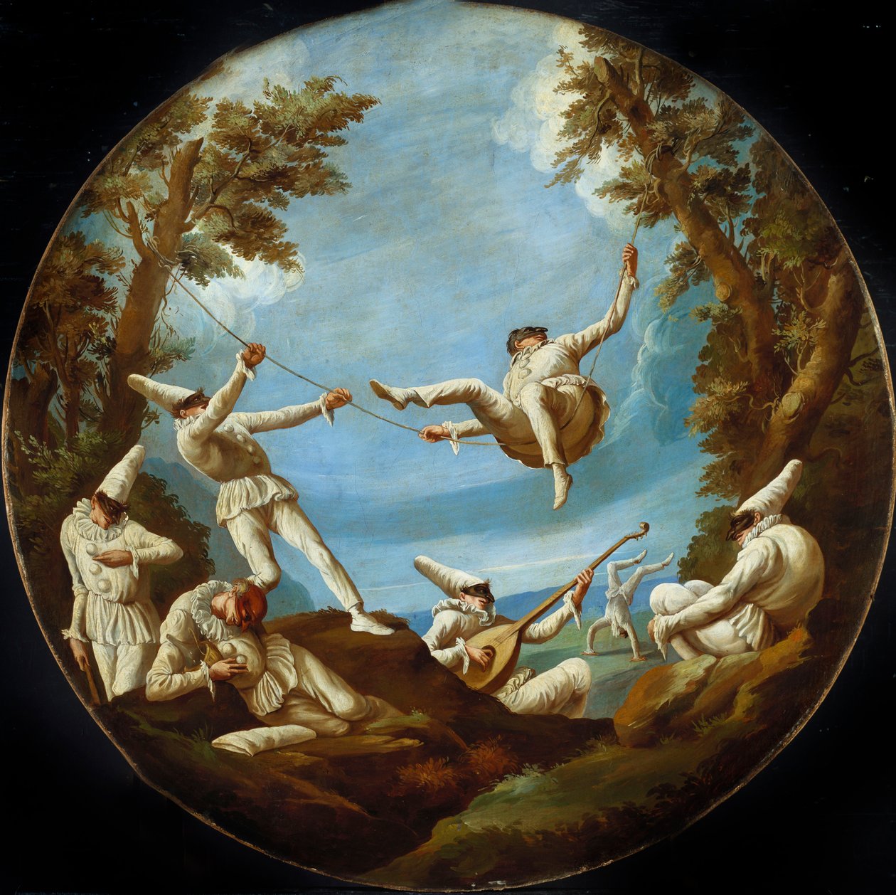 Punchinellot keinuissa, musiikkia ja akrobatiaa maisemassa tekijältä Giovanni Domenico Tiepolo