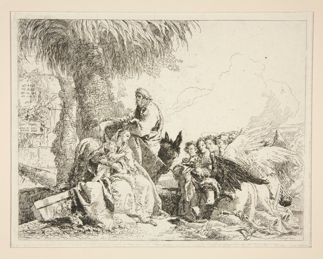 Lepo Egyptin lennon aikana, sarjasta Idee pittoresche sopra la fuga in Egitto (lento Egyptiin) tekijältä Giovanni Domenico Tiepolo