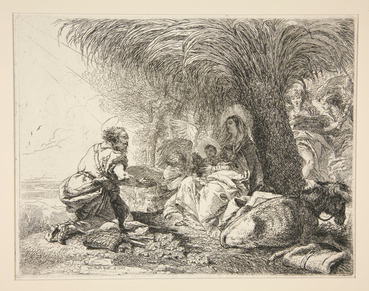Pyhä Joosef palvomassa Jeesus-lapsia, sarjasta Idee pittoresche sopra la fuga in Egitto (lento Egyptiin) tekijältä Giovanni Domenico Tiepolo