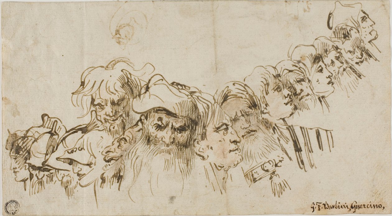 Luonnoksia miesten päistä (etusivu); kuningatar ja sivu (kääntöpuoli). tekijältä Giovanni Domenico Tiepolo