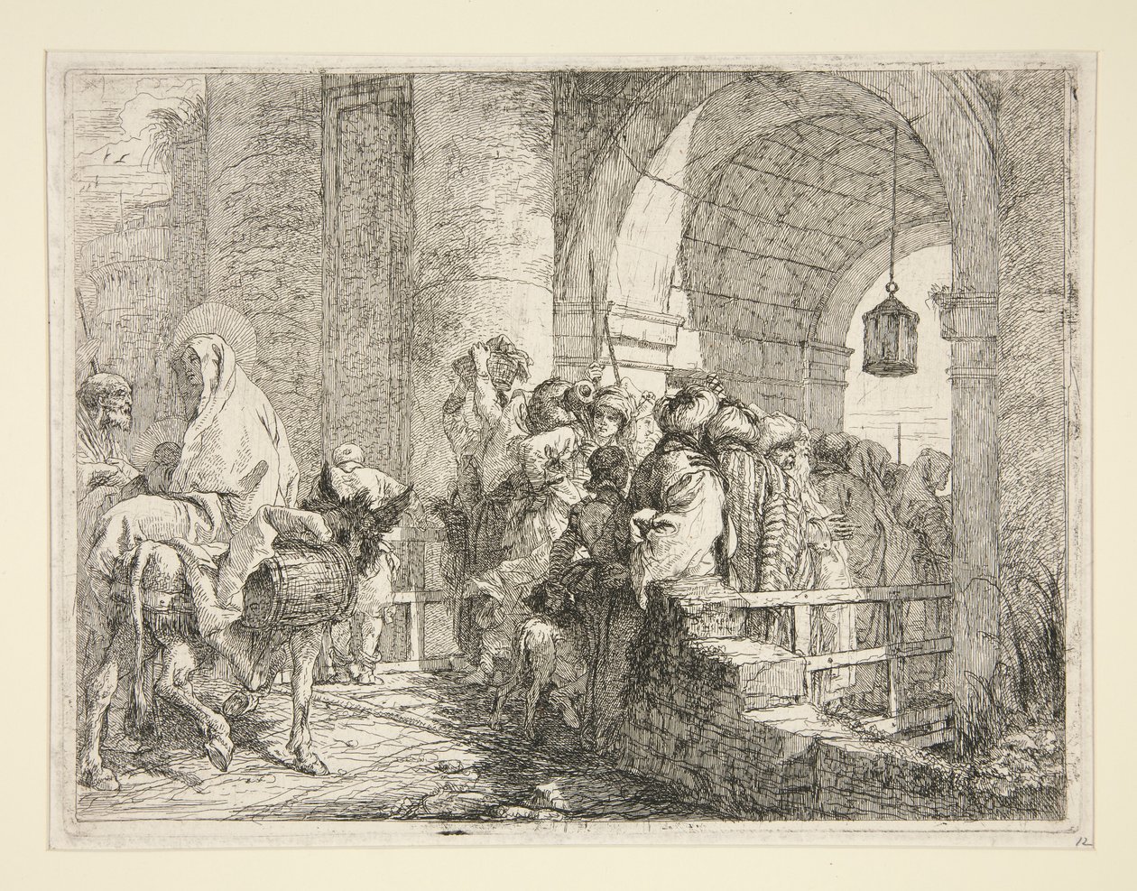 Pyhän perheen saapuminen kaupungin portille sarjasta Idee pittoresche sopra la fuga in Egitto (lento Egyptiin) tekijältä Giovanni Domenico Tiepolo