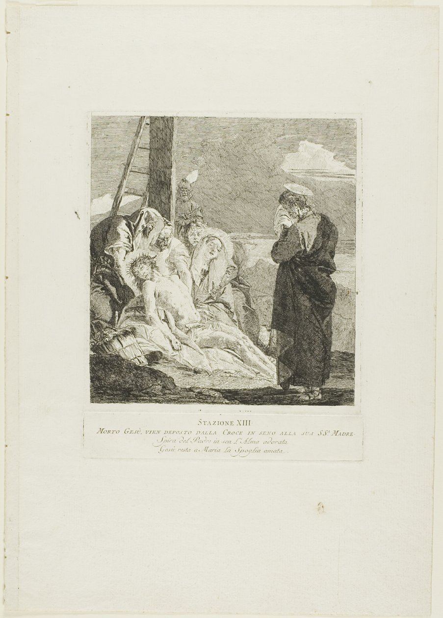 Laskeutuminen, levy kolmetoista Ristin vaiheet -teoksesta. tekijältä Giovanni Domenico Tiepolo