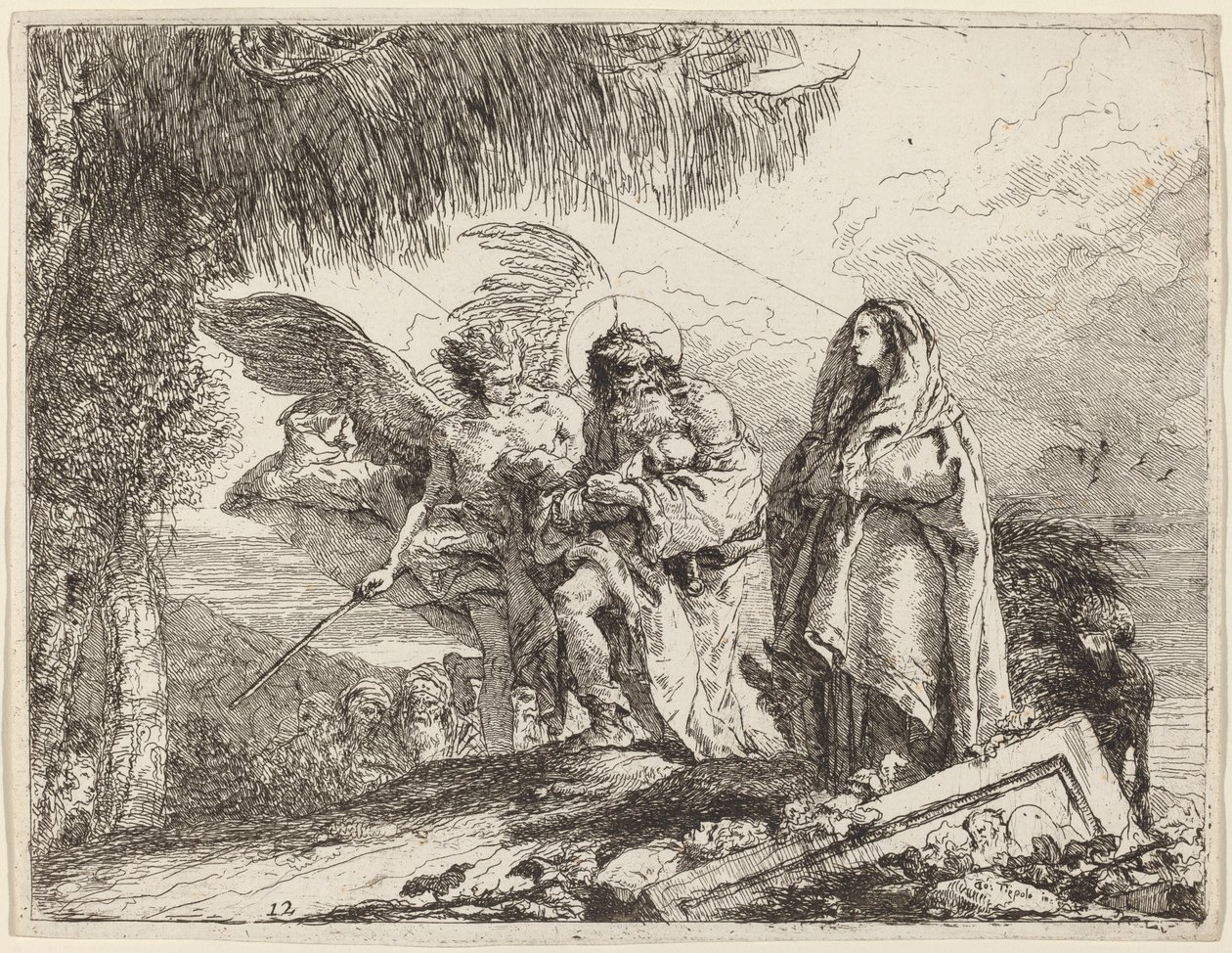Lento, pyhä perhe kävelemässä enkelin kanssa tekijältä Giovanni Domenico Tiepolo