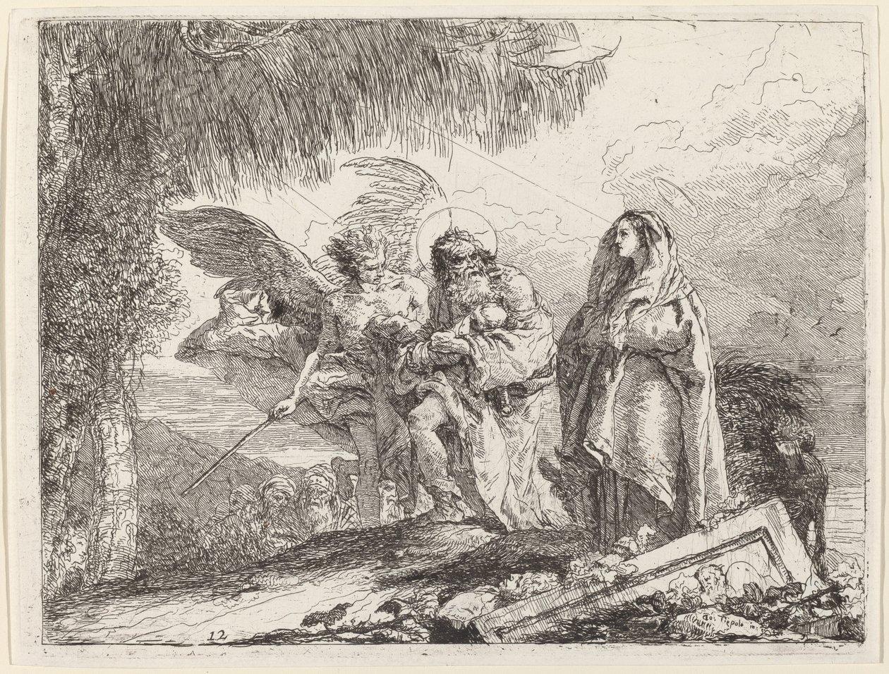 Lento, pyhä perhe kävelemässä enkelin kanssa tekijältä Giovanni Domenico Tiepolo