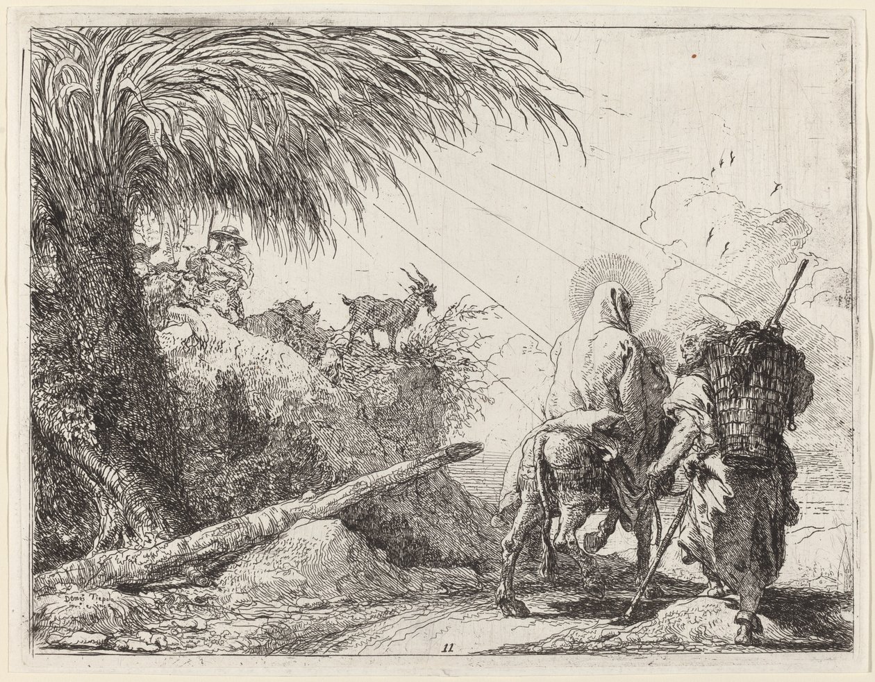 Lento, Pyhä perhe oikealla, Joosef katsomassa vasemmalle tekijältä Giovanni Domenico Tiepolo