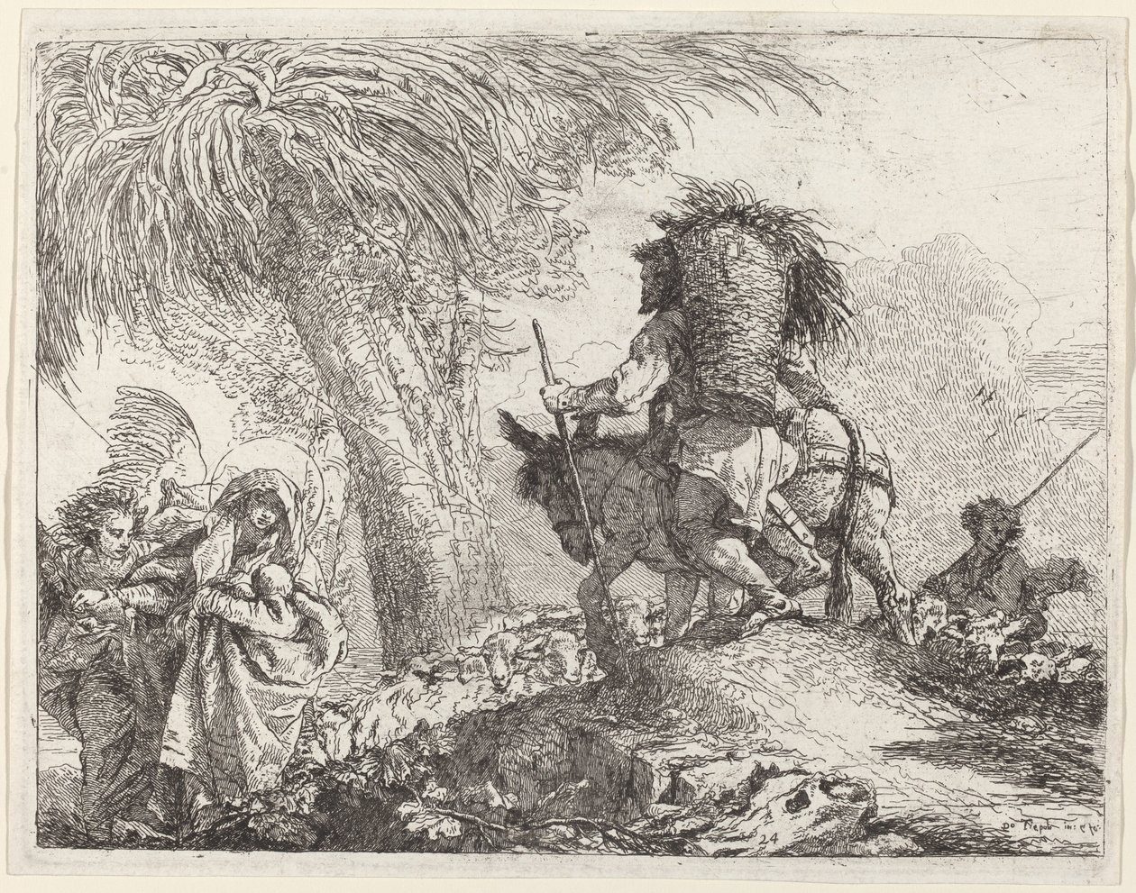 Lento, Joosef oikealla ja Maria ja enkeli vasemmalla tekijältä Giovanni Domenico Tiepolo
