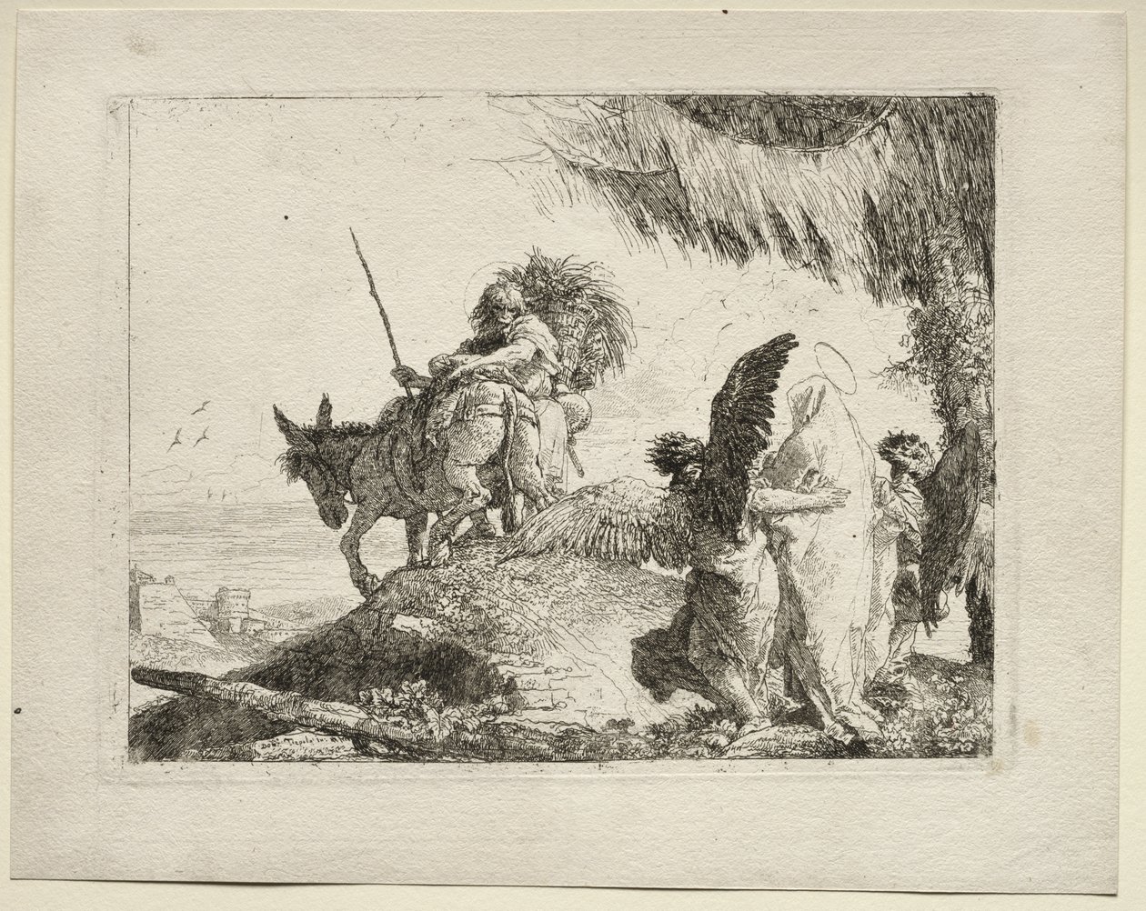 Lento Egyptiin: Lento Madonnan kanssa oikealla enkeleiden tukemana tekijältä Giovanni Domenico Tiepolo