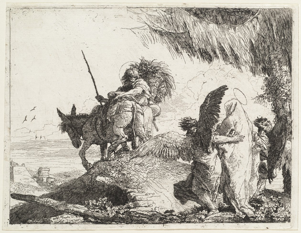 The Flight, Madonna oikealla enkeleiden tukemana tekijältä Giovanni Domenico Tiepolo