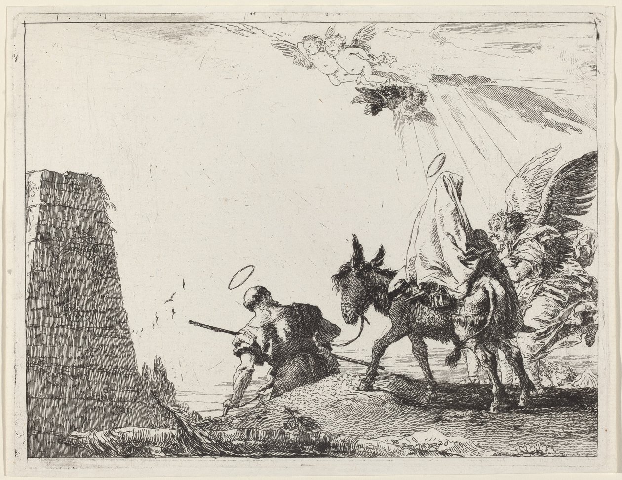 Lento obeliskin kanssa vasemmalla tekijältä Giovanni Domenico Tiepolo