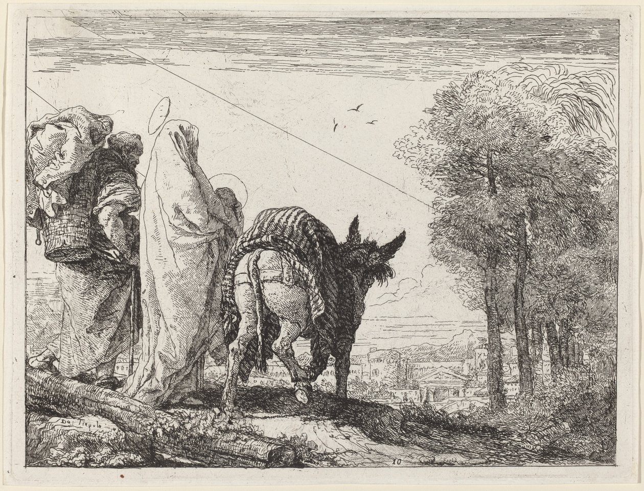 Lento pyhän perheen kanssa vasemmalla tekijältä Giovanni Domenico Tiepolo