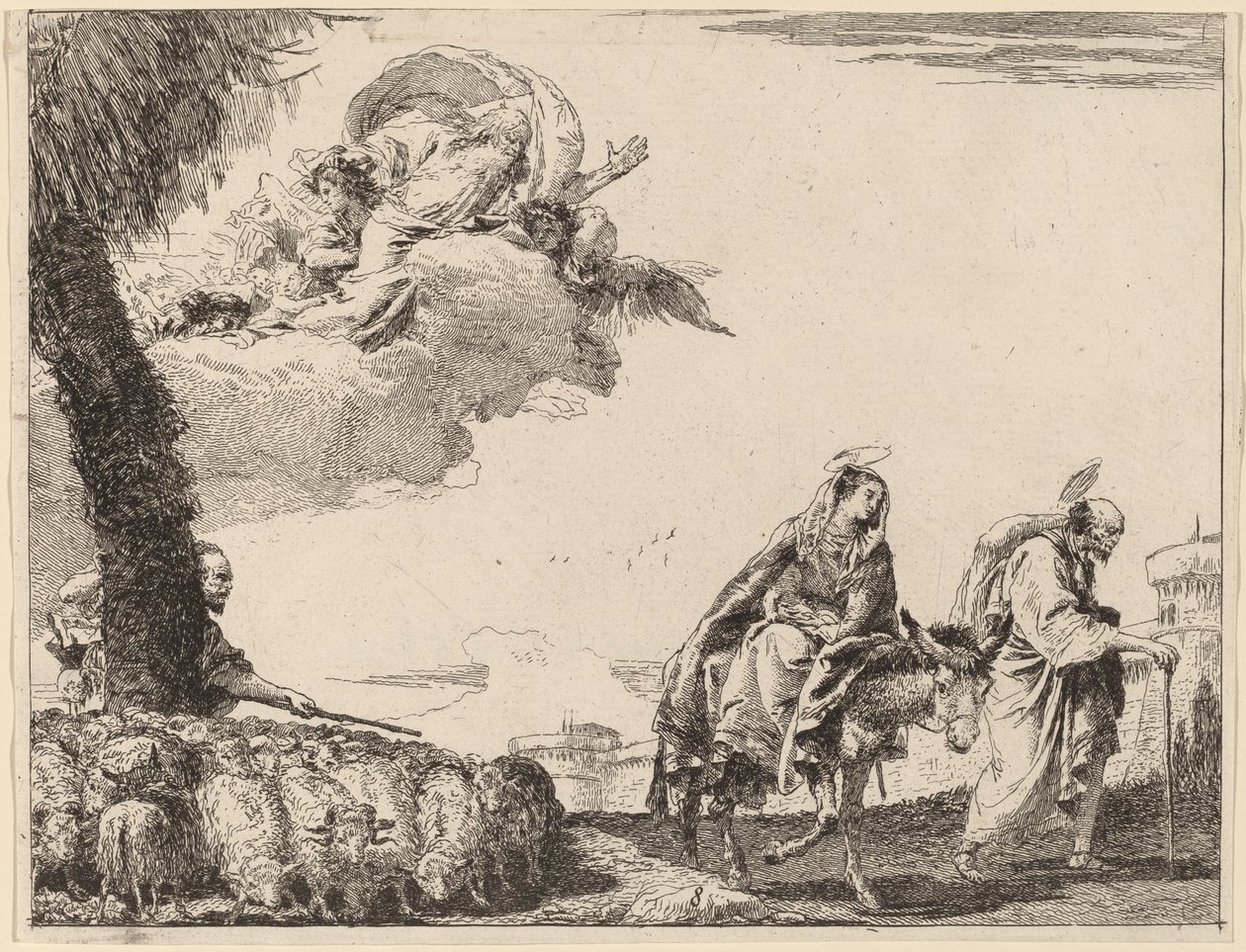 Lento pyhän perheen kanssa oikealla tekijältä Giovanni Domenico Tiepolo
