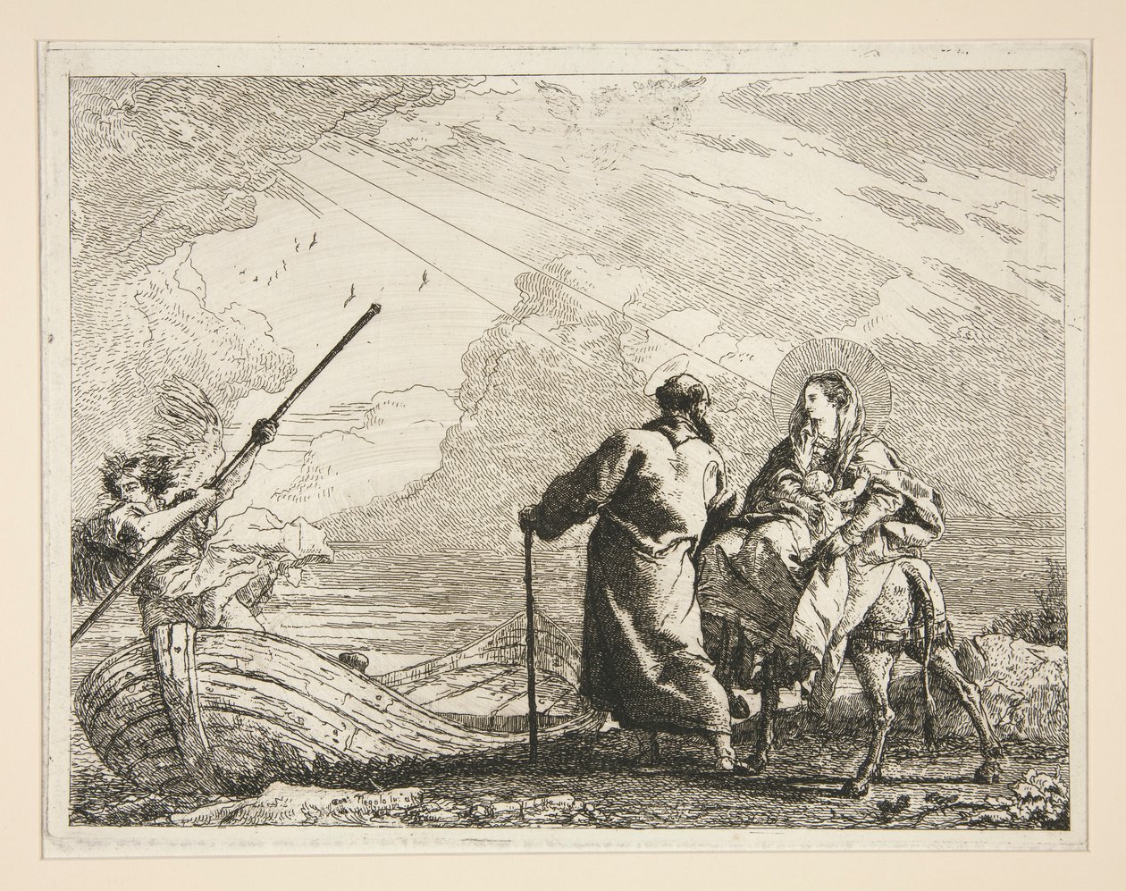 Pyhä perhe saapuu joen reunalle sarjasta Idee pittoresche sopra la fuga in Egitto (lento Egyptiin) tekijältä Giovanni Domenico Tiepolo