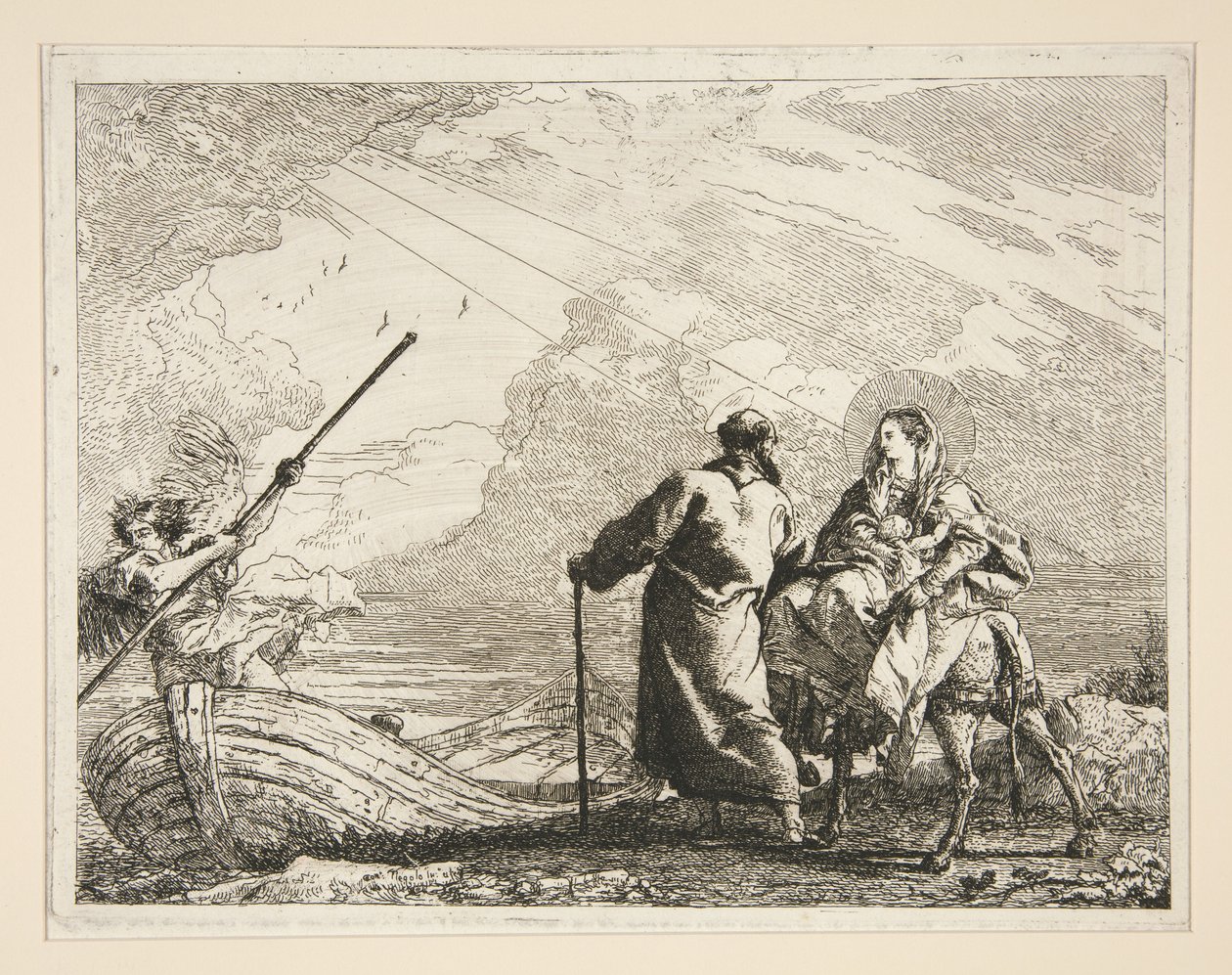 Pyhä perhe saapuu joen rantaan, sarjasta Idee pittoresche sopra la fuga in Egitto (Pako Egyptiin) tekijältä Giovanni Domenico Tiepolo