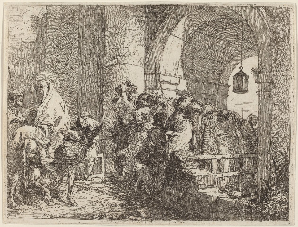 Pyhä perhe saapumassa kaupungin portille tekijältä Giovanni Domenico Tiepolo