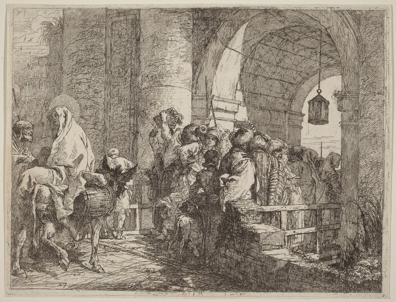 Pyhä perhe saapuu kaupungin portille tekijältä Giovanni Domenico Tiepolo