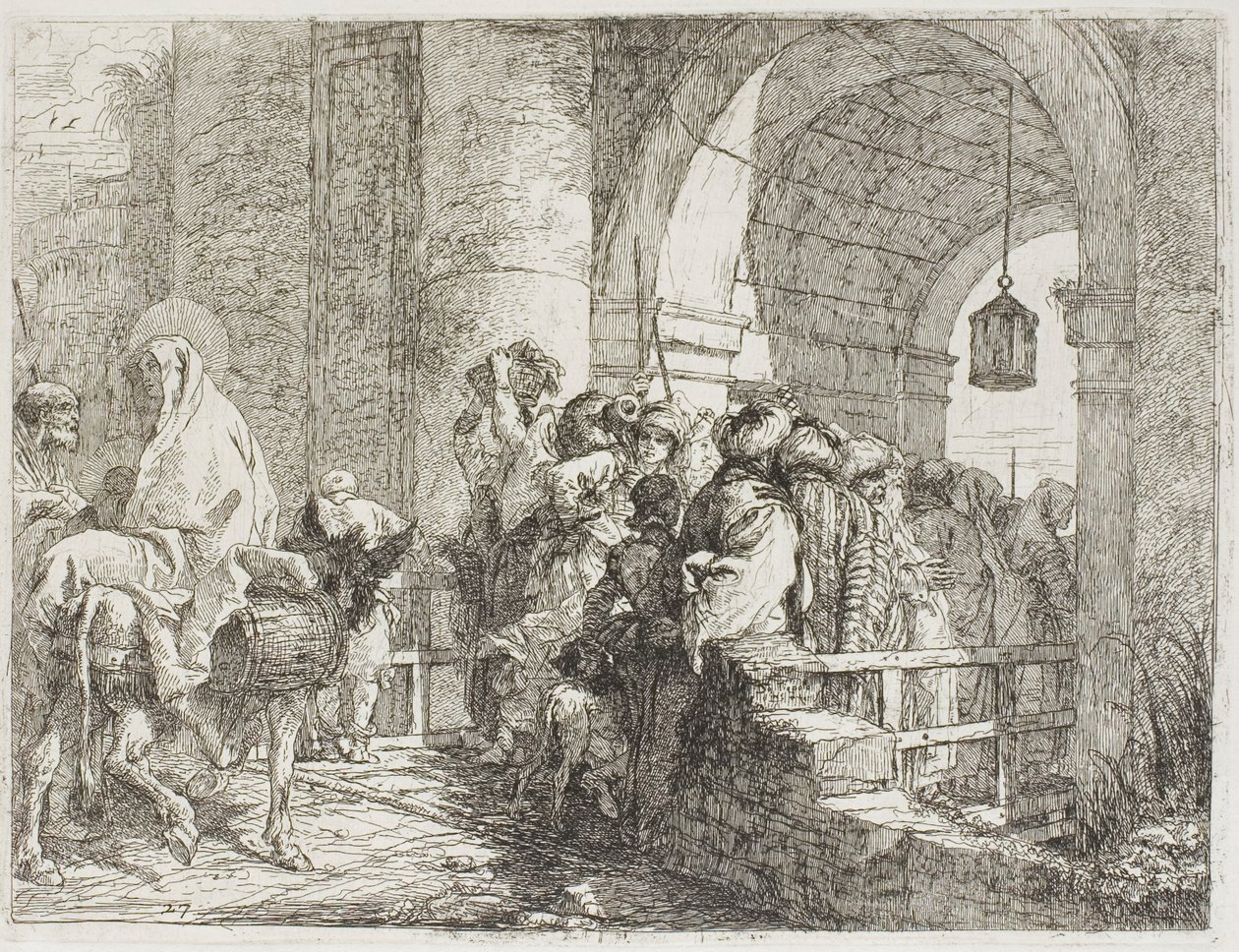 Pyhä perhe saapumassa kaupungin portille, levy 27 lennosta Egyptiin tekijältä Giovanni Domenico Tiepolo