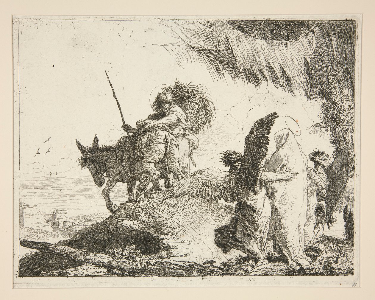 Pyhä perhe kahden enkelin välissä sarjasta Idee pittoresche sopra la fuga in Egitto (lento Egyptiin) tekijältä Giovanni Domenico Tiepolo