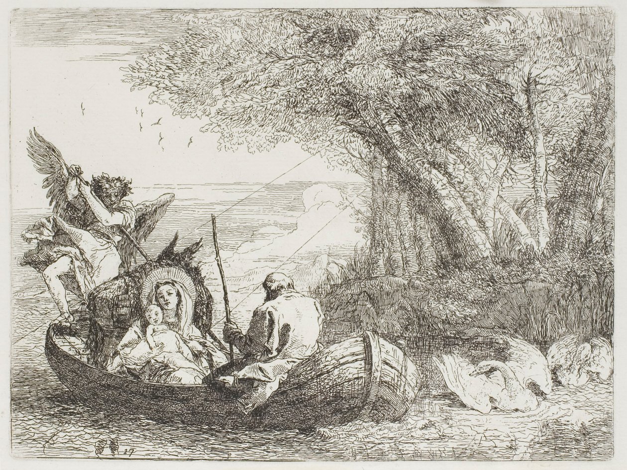 Pyhä perhe ylittää järven veneessä, levy seitsemäntoista julkaisusta Lento Egyptiin tekijältä Giovanni Domenico Tiepolo