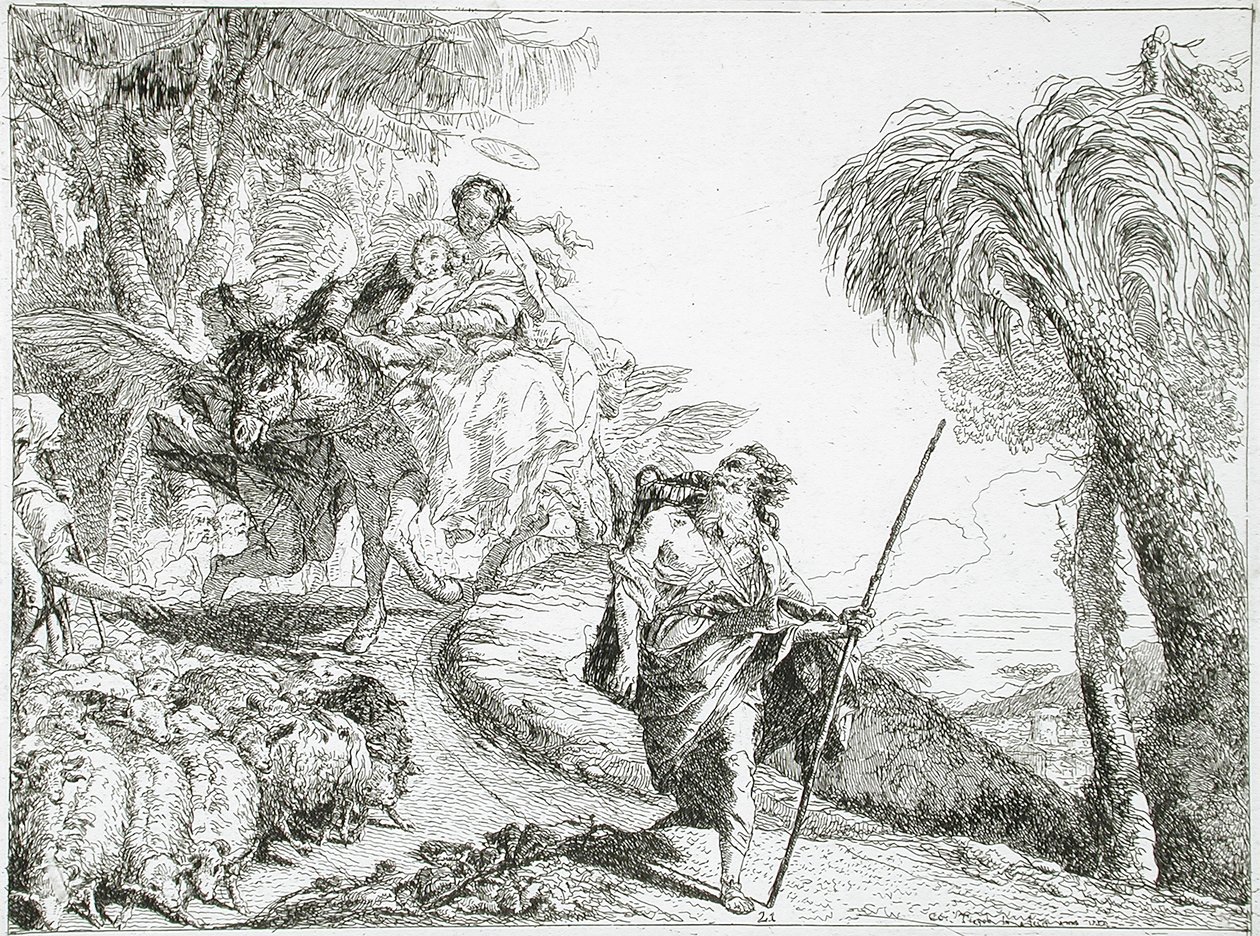 Pyhä perhe laskeutuu metsäpolkua pitkin lähellä laumaa ja muutamia paimenia tekijältä Giovanni Domenico Tiepolo