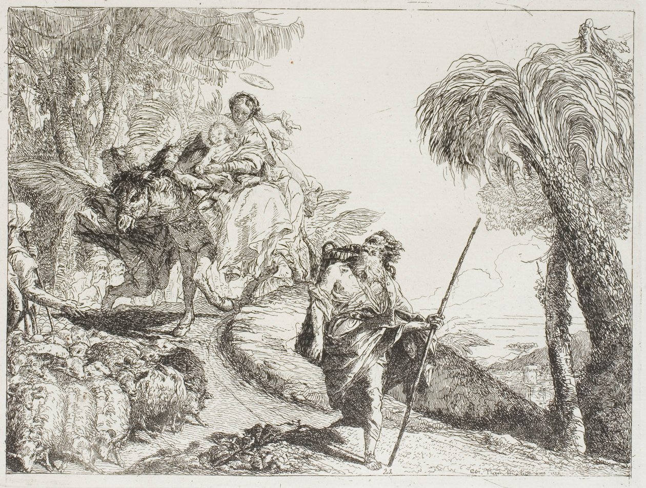 Pyhä perhe laskeutumassa metsäpolkua, lähellä laumaa ja joitain paimenia, levy 21 julkaisusta Lento Egyptiin tekijältä Giovanni Domenico Tiepolo