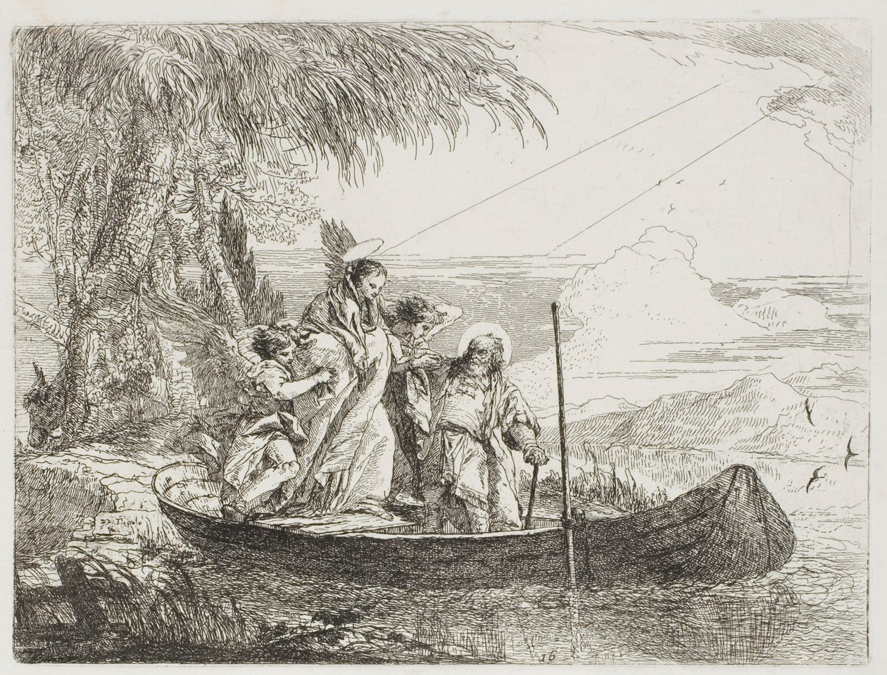 Pyhä perhe astuu veneeseen enkelien avulla, levy kuusitoista kohdasta Lento Egyptiin tekijältä Giovanni Domenico Tiepolo