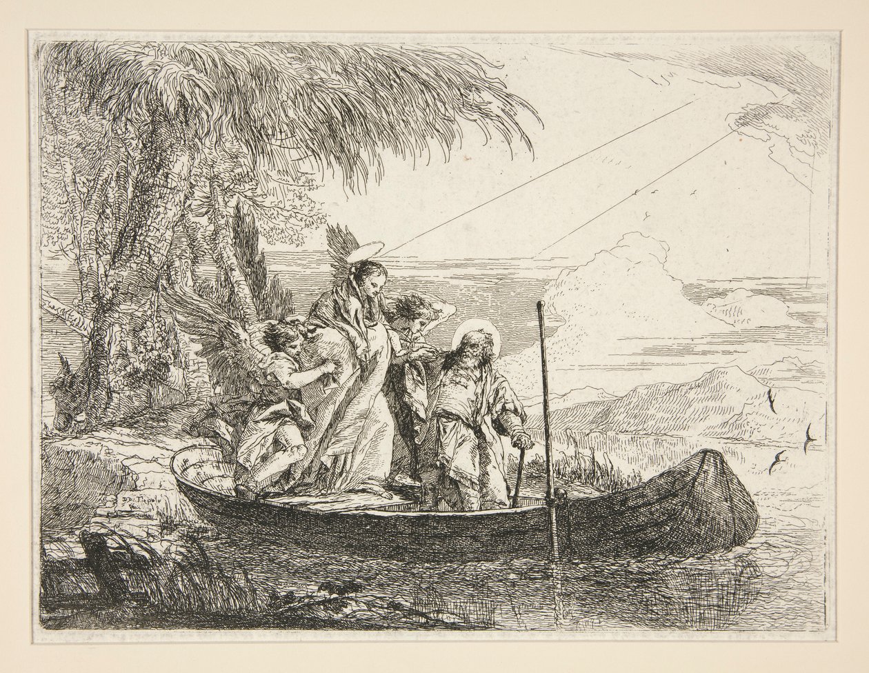 Pyhä perhe astuu veneeseen sarjasta Idee pittoresche sopra la fuga in Egitto (lento Egyptiin) tekijältä Giovanni Domenico Tiepolo