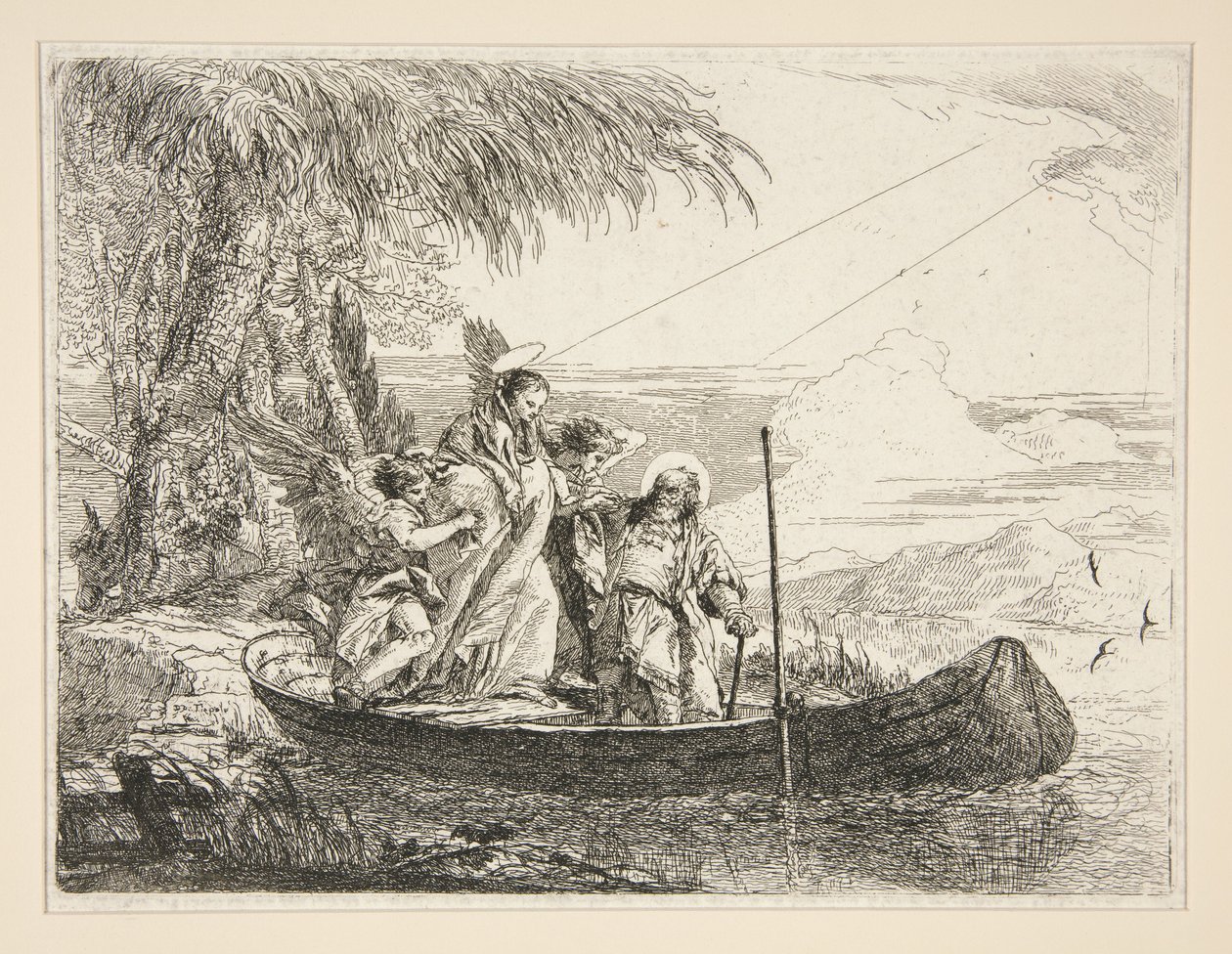 Pyhä perhe astuu veneeseen, sarjasta ”Idee pittoresche sopra la fuga in Egitto” (Pako Egyptiin) tekijältä Giovanni Domenico Tiepolo
