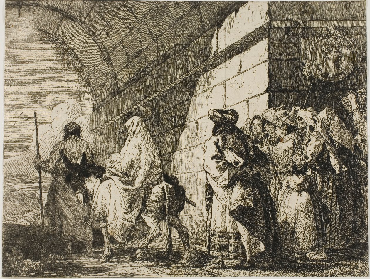 Pyhä perhe lähtemässä kaupungin portin kautta, levy seitsemän kappaleesta Lento Egyptiin tekijältä Giovanni Domenico Tiepolo