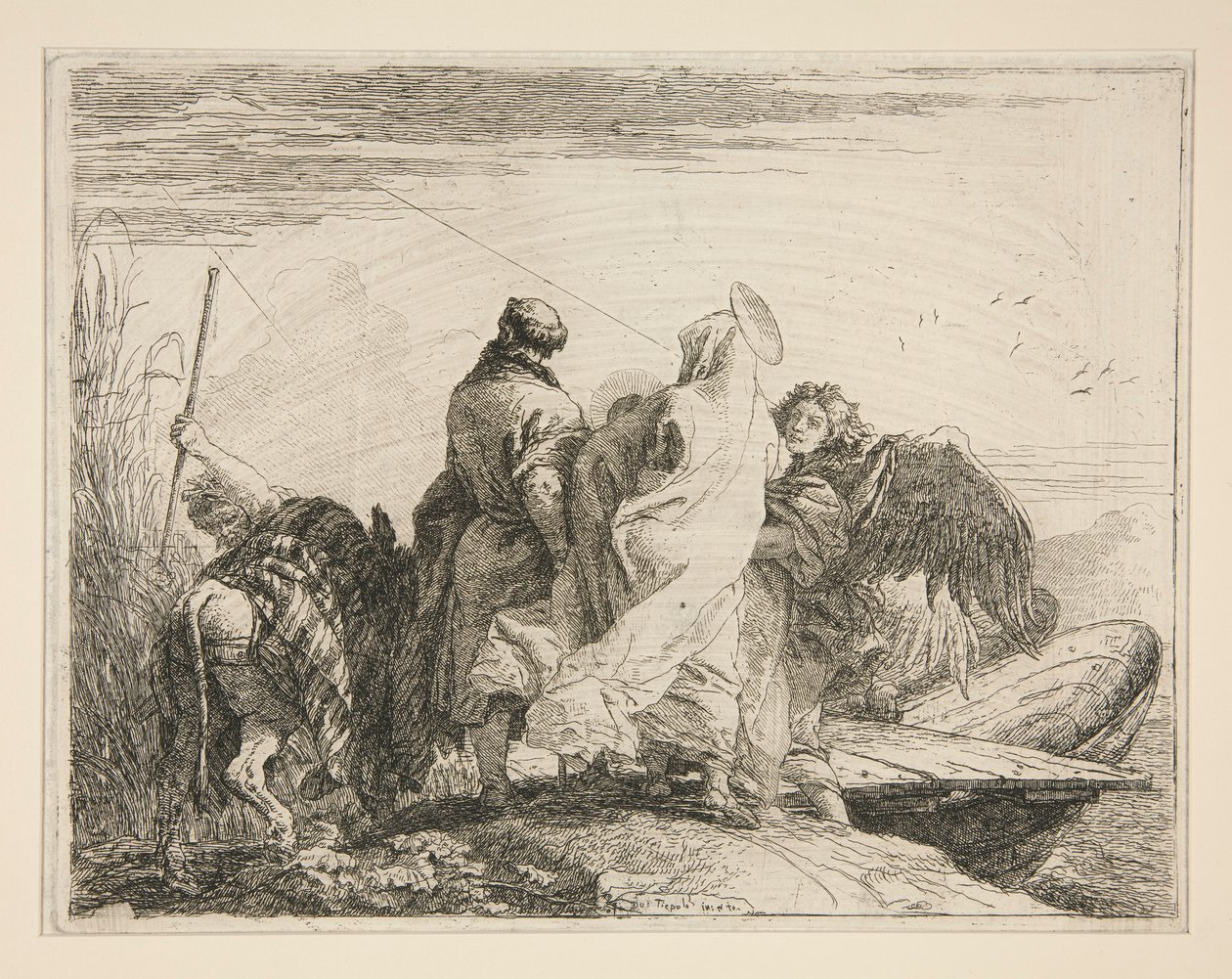 Pyhä perhe lähtemässä joen rannalta, sarjasta Idee pittoresche sopra la fuga in Egitto (lento Egyptiin) tekijältä Giovanni Domenico Tiepolo