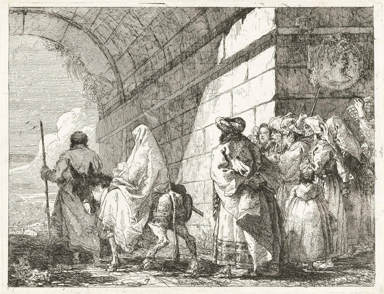 Pyhä perhe kulkee kaupungin kaaren alta tekijältä Giovanni Domenico Tiepolo