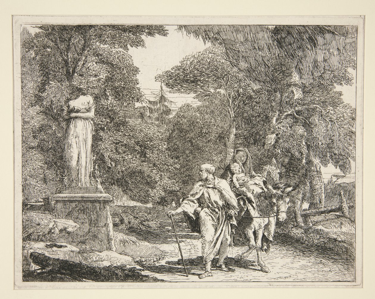 Pyhä perhe kulkee patsaan lähellä sarjasta Idee pittoresche sopra la fuga in Egitto (lento Egyptiin) tekijältä Giovanni Domenico Tiepolo