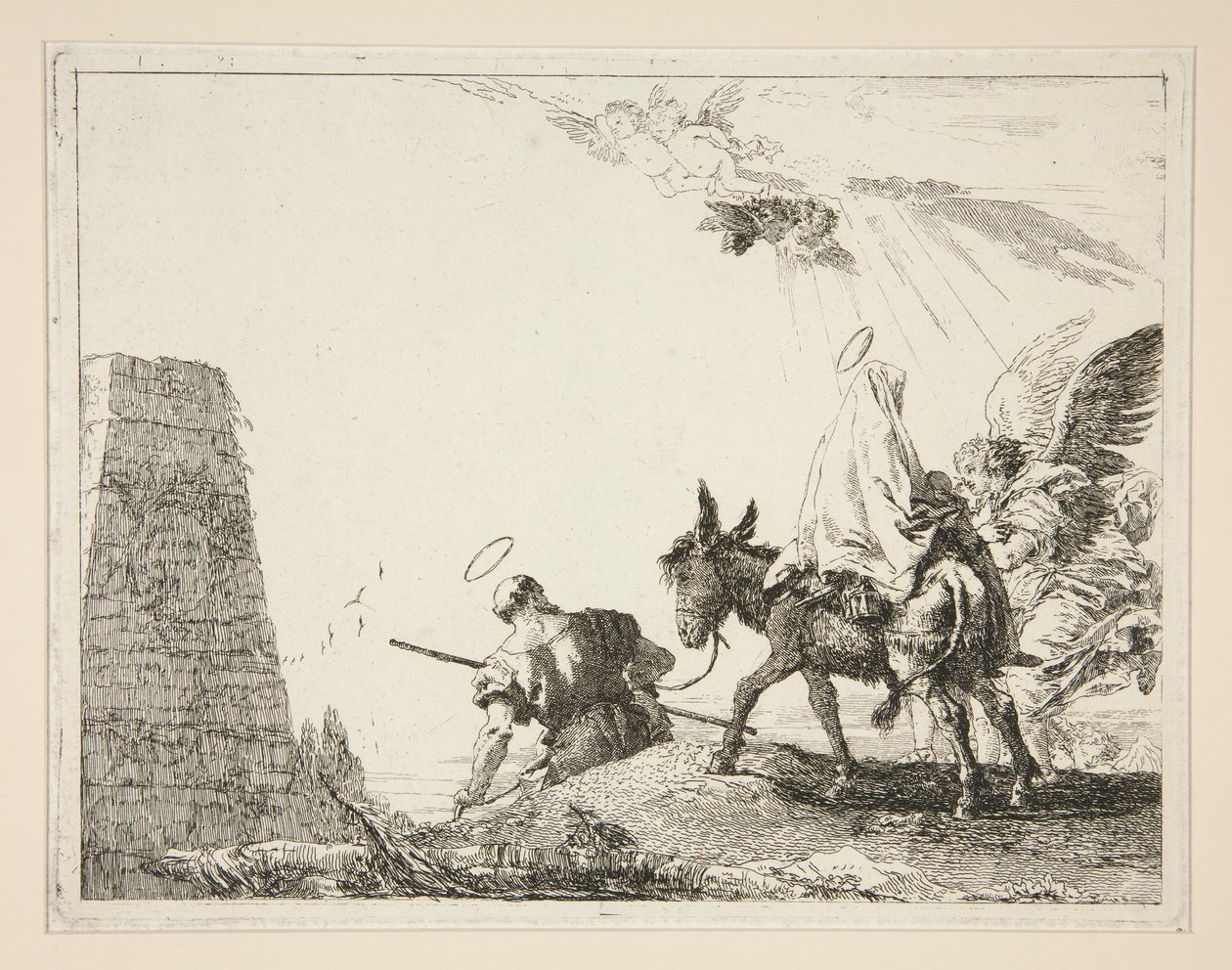 Pyhä perhe pyramidin ohi, sarjasta Idee pittoresche sopra la fuga in Egitto (lento Egyptiin) tekijältä Giovanni Domenico Tiepolo