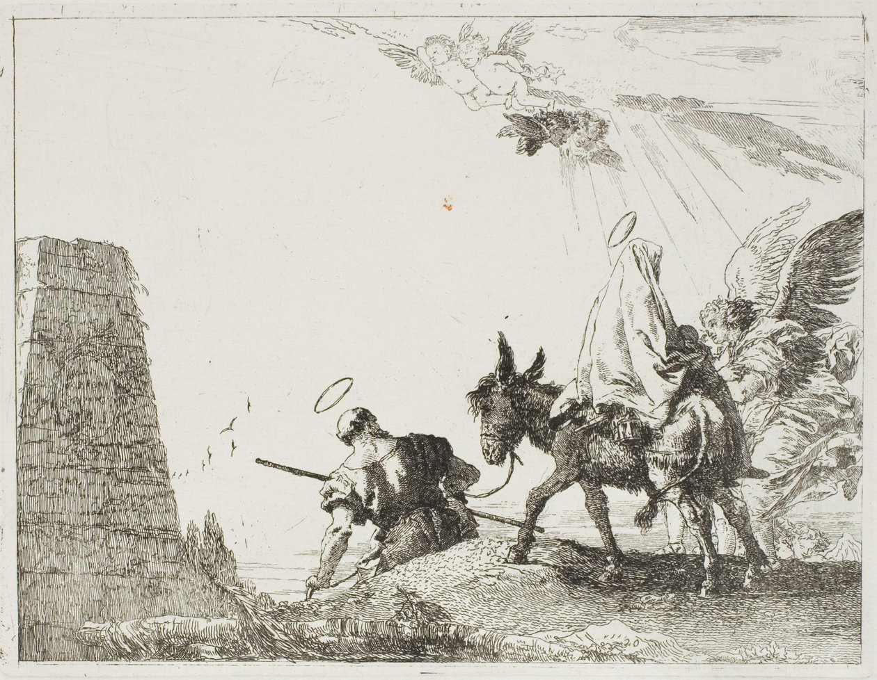 Pyhä perhe kulkee pyramidin ohi, levy kaksikymmentä kappaleesta Lento Egyptiin tekijältä Giovanni Domenico Tiepolo