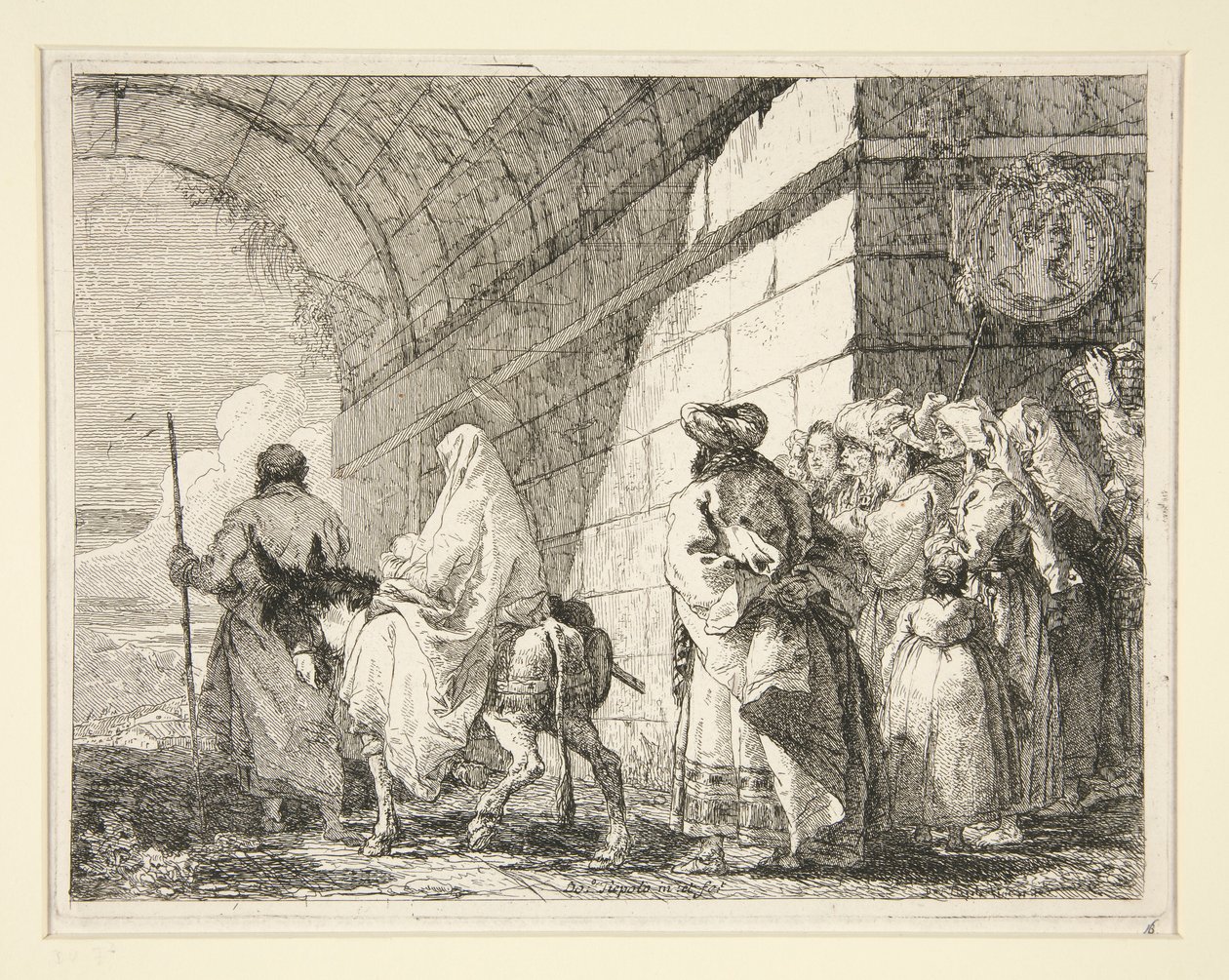 Pyhä perhe kulkee kaaren alla, lähtee kaupungin portin kautta sarjasta Idee pittoresche sopra la fuga in Egitto (lento Egyptiin) tekijältä Giovanni Domenico Tiepolo