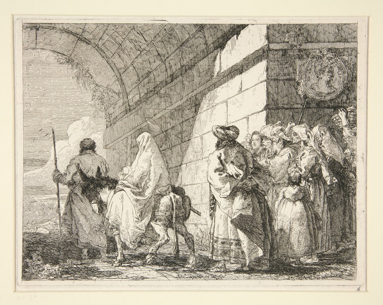 Pyhä perhe kulkee kaaren alta ja poistuu kaupungin portista, sarjasta ”Idee pittoresche sopra la fuga in Egitto” (Pako Egyptiin) tekijältä Giovanni Domenico Tiepolo