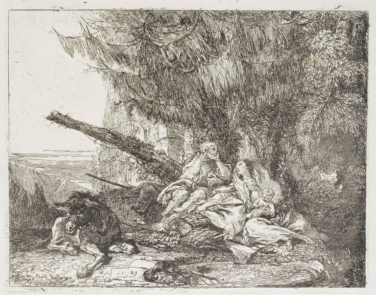 Pyhä perhe lepää metsässä, levy 23 julkaisusta Lento Egyptiin tekijältä Giovanni Domenico Tiepolo