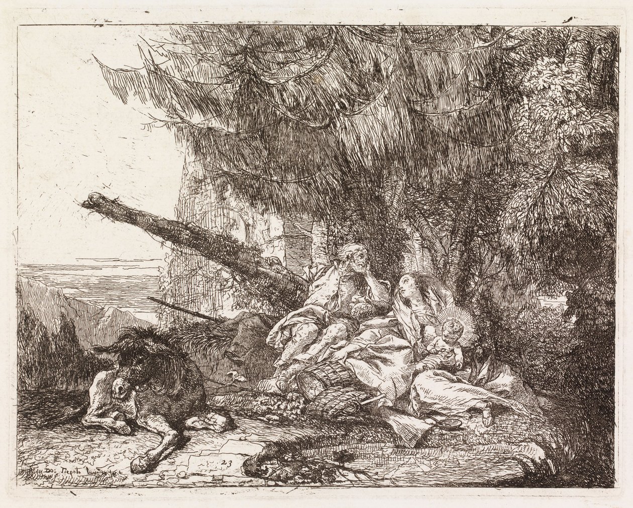 Kuusen alla lepäävä pyhä perhe (Pako Egyptiin XXIII) tekijältä Giovanni Domenico Tiepolo