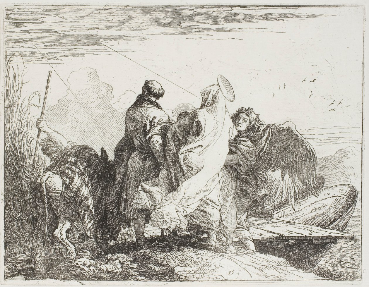 Pyhä perhe astuu pois pankilta, levy viisitoista kirjasta Lento Egyptiin tekijältä Giovanni Domenico Tiepolo