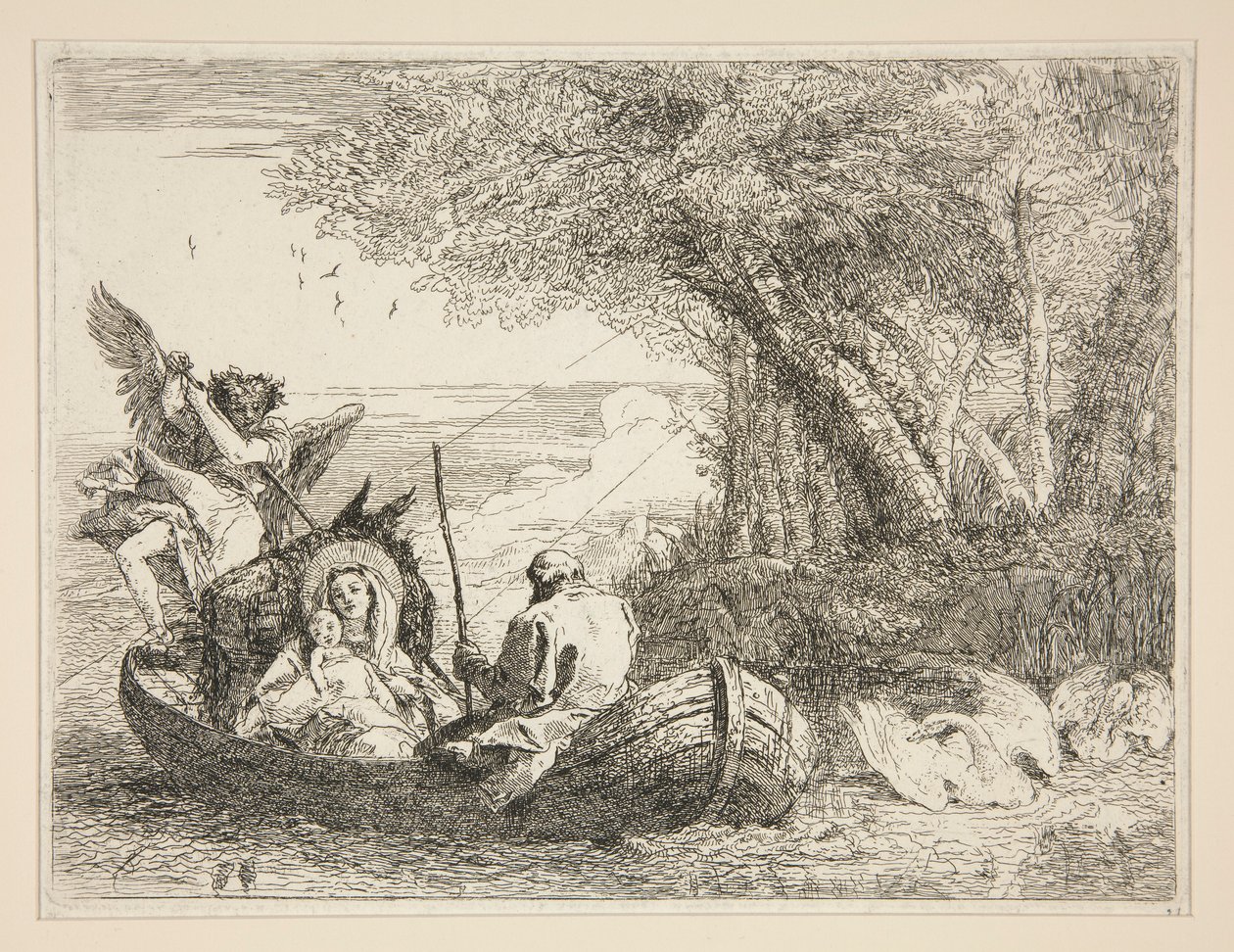 Pyhä perhe matkustaa laivalla, sarjasta Idee pittoresche sopra la fuga in Egitto (lento Egyptiin) tekijältä Giovanni Domenico Tiepolo