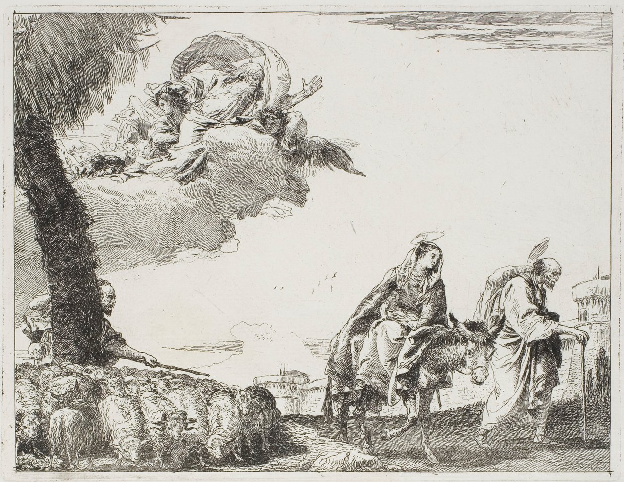Pyhä perhe kävelemässä kaupunginmuuria pitkin. Vasemmalla paimen laumaansa ja Isä Jumala, levy kahdeksan kappaleesta Lento Egyptiin tekijältä Giovanni Domenico Tiepolo